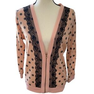 Retro-Inspired Pink & Black Polka Dot Lace Sweater Large